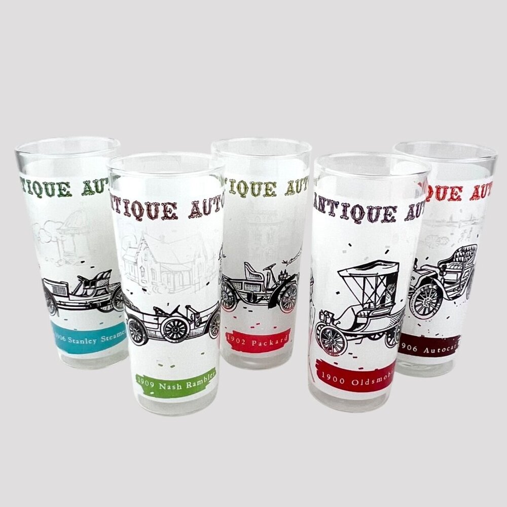 Vintage Anchor Hocking Set Of 5 Antique Auto Themed Drinking Glasses EUC